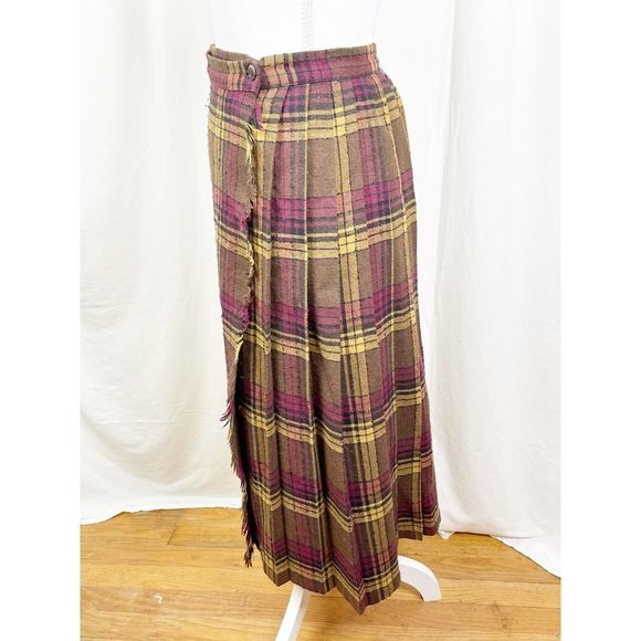 Vintage 1970's It's Magic Plaid Wool Flat Front Pleated Wrap Skirt - Picture 2 of 5